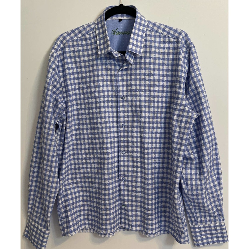 VISCONTI Men’s L Blue Checked Shirt Cotton